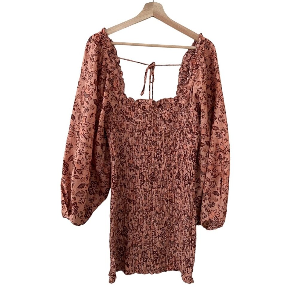 Free People Floral Puff Sleeve Smock It To Me Bodycon Mini Dress Apricot Large